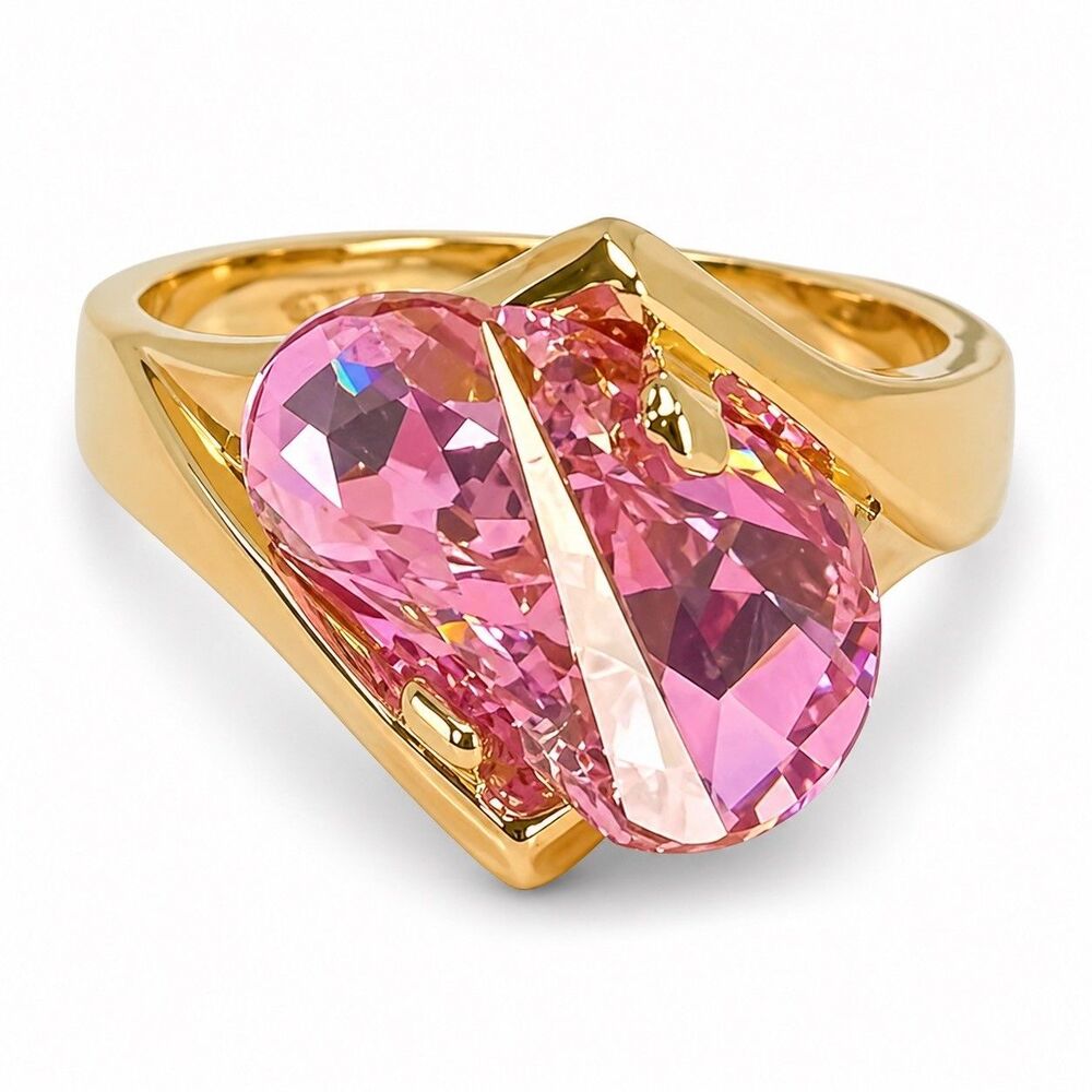Vintage 1970s Ring Size 5 Lens Cut Pink CZ Modernist 14K Gold Plate - 14J